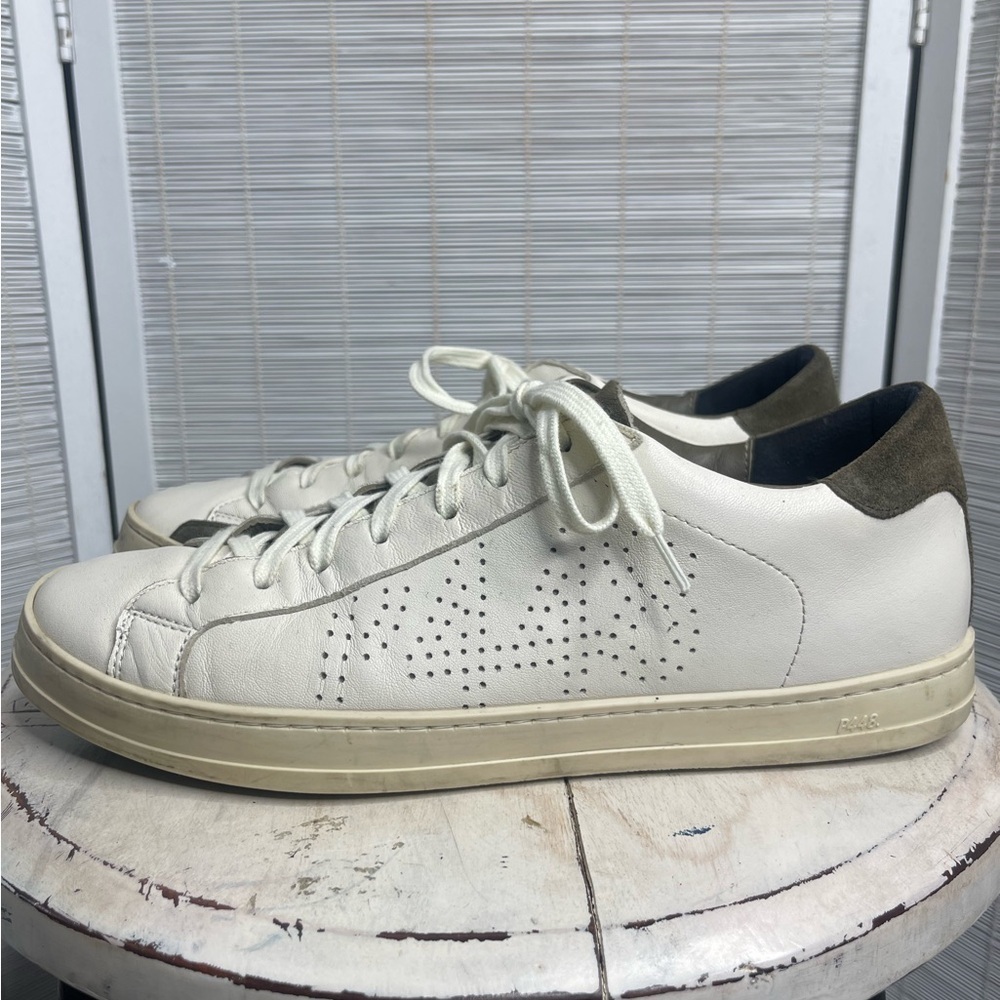 P448 John Sneakers White Olive Leather Suede Distressed Low Top Size 11